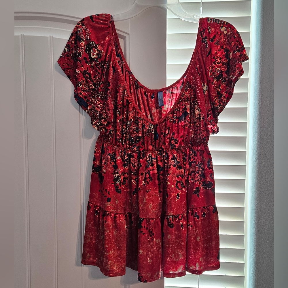 Free People Princess-Style Red With Blue/Yellow Print Low V-Neck Blouse